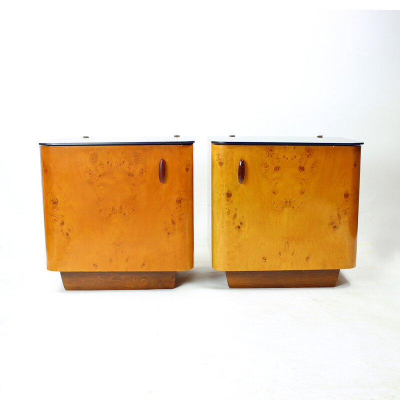 Pair of vintage night stands in wood and glass, Czechoslovakia 1940s