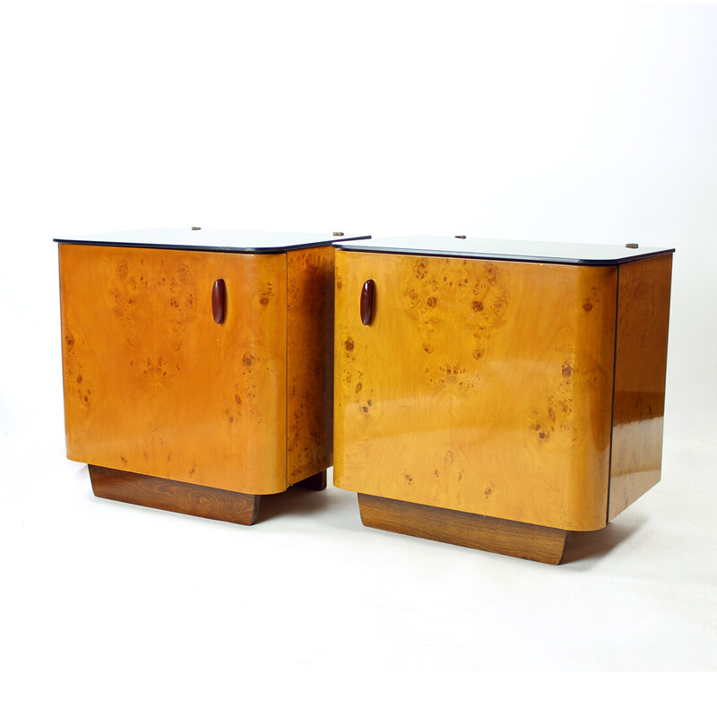 Pair of vintage night stands in wood and glass, Czechoslovakia 1940s