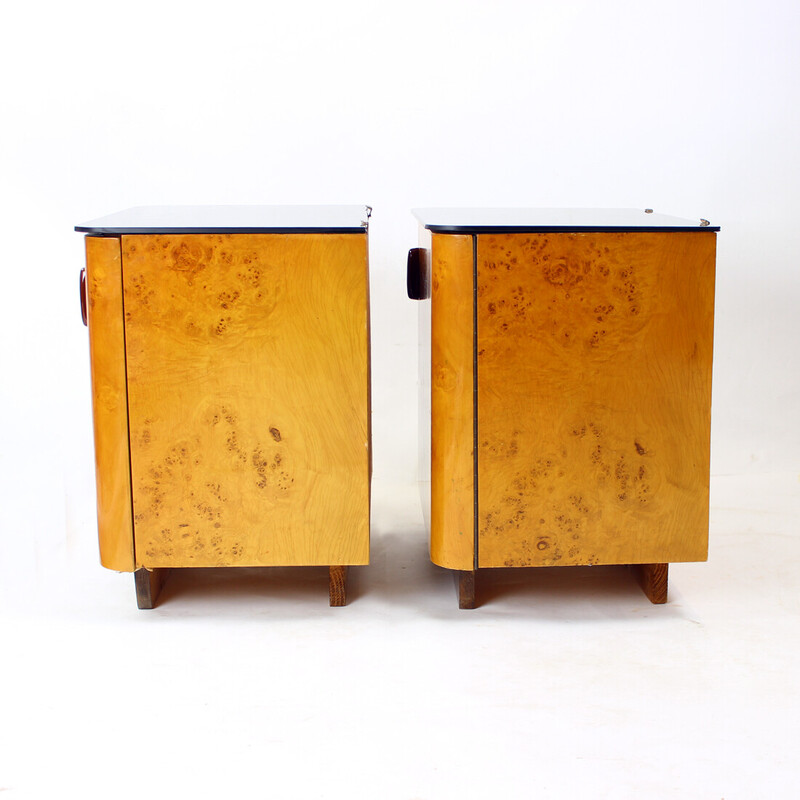 Pair of vintage night stands in wood and glass, Czechoslovakia 1940s