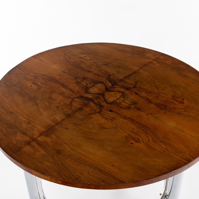 Table basse ronde vintage en acier chromé et bois