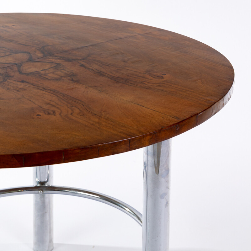 Table basse ronde vintage en acier chromé et bois