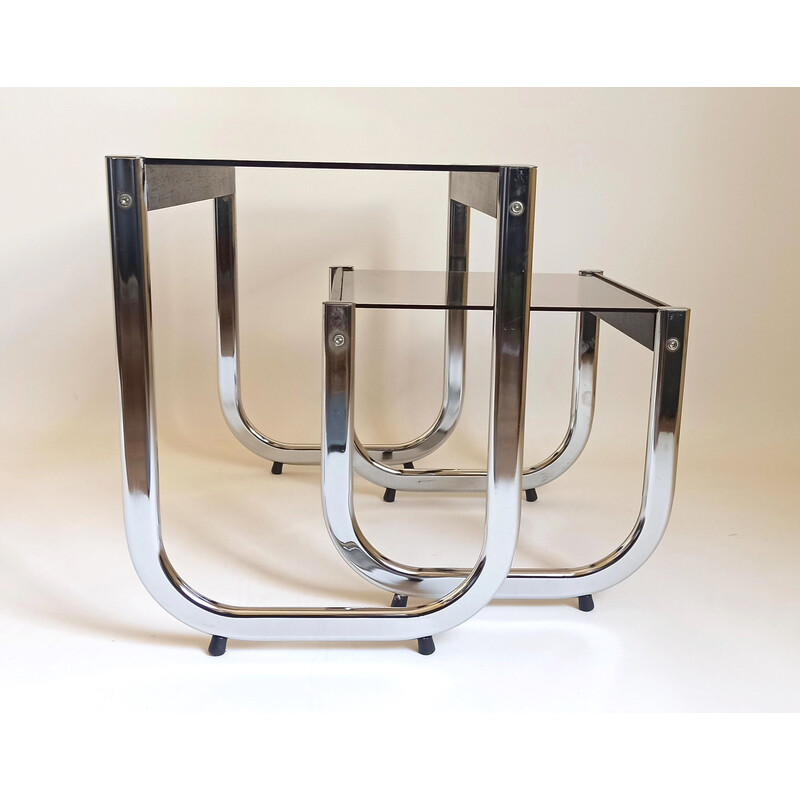 Vintage nesting coffee tables in metal, wood and glass, 1970