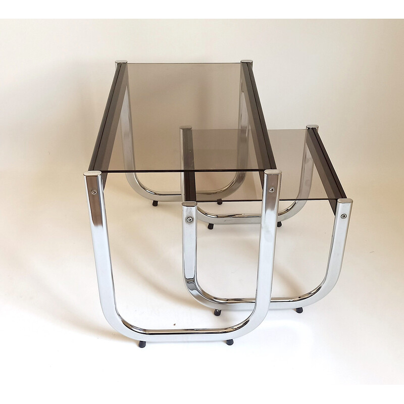 Vintage nesting coffee tables in metal, wood and glass, 1970