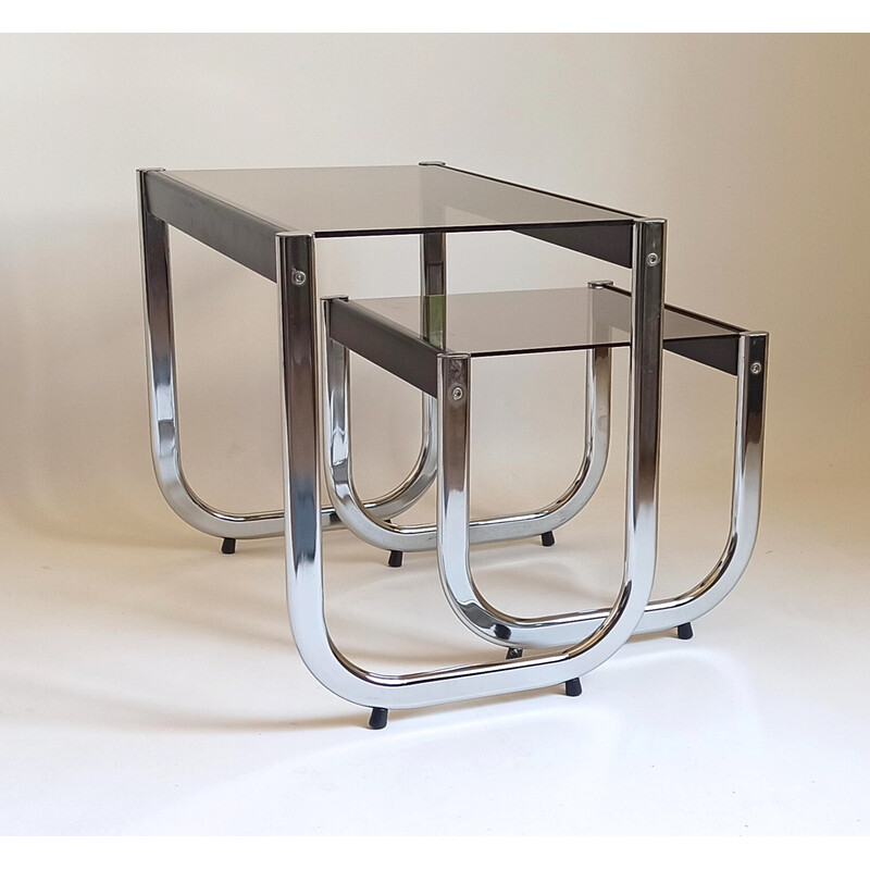 Vintage nesting coffee tables in metal, wood and glass, 1970