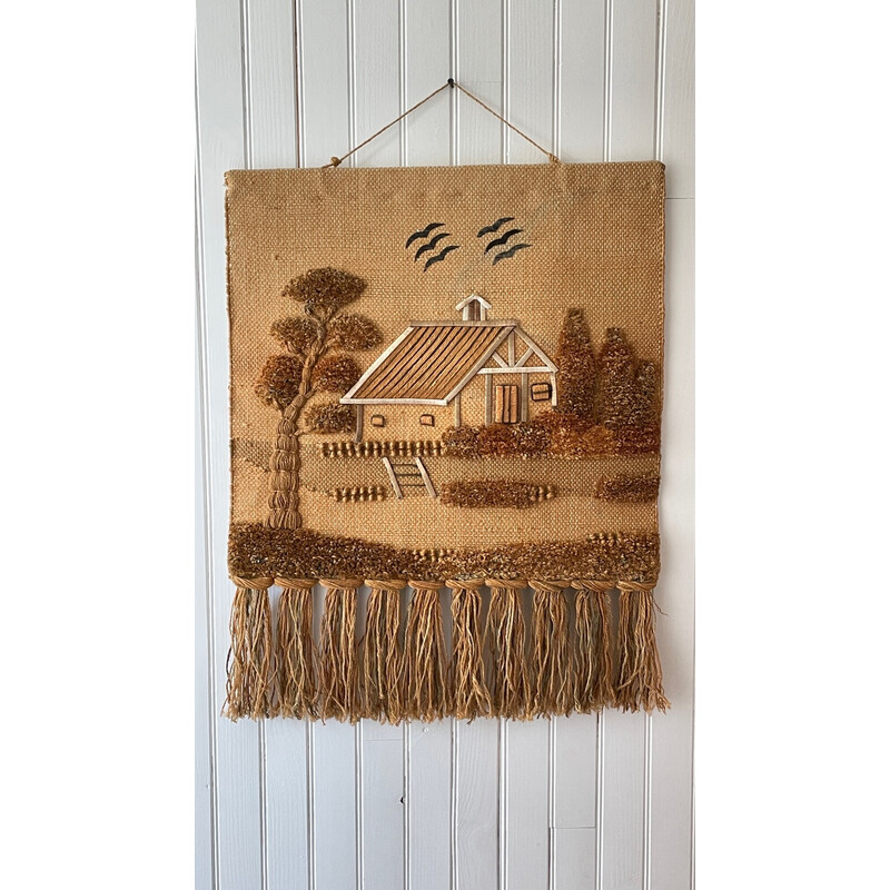 Vintage decorative jute tapestry, 1970