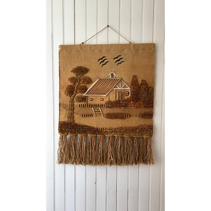 Vintage decoratief jute wandkleed, 1970