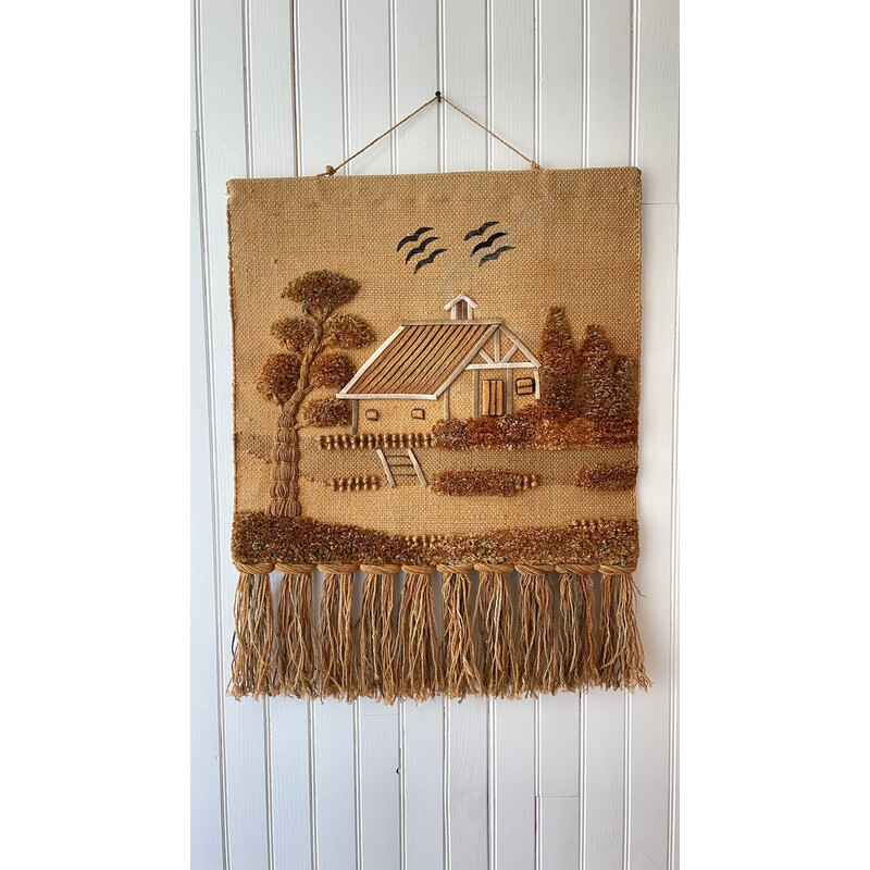 Vintage decoratief jute wandkleed, 1970