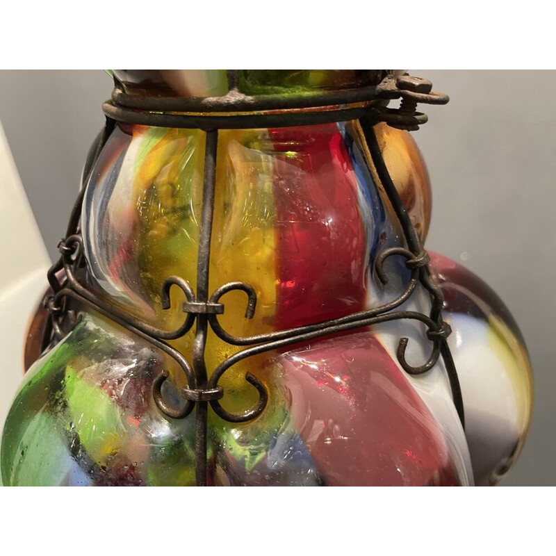 Lámpara colgante vintage de cristal de Murano y hierro forjado, 1950