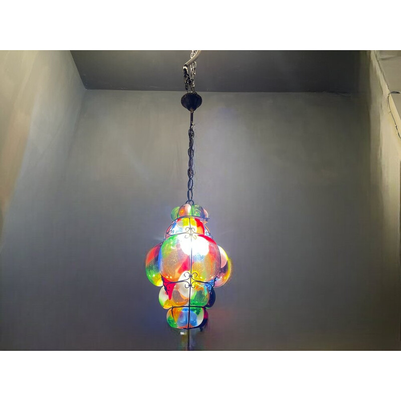 Lampada a sospensione vintage in vetro di Murano e ferro battuto, 1950