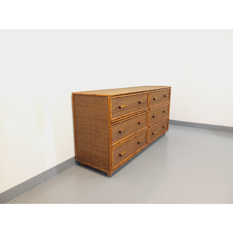 Credenza vintage in bambù e rattan intrecciato, 1970