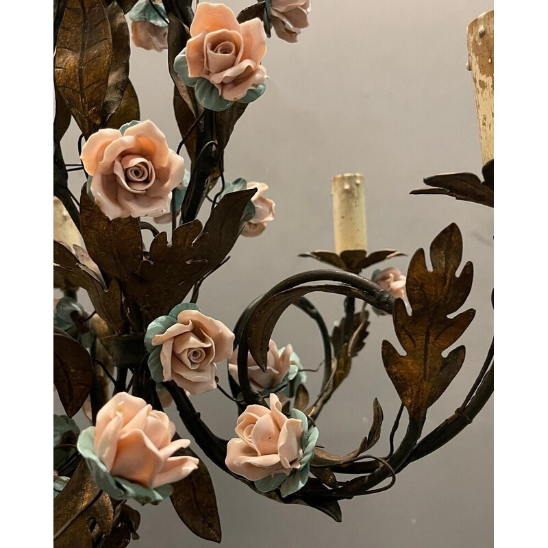 Vintage tole porcelain rose flower chandelier, 1960s