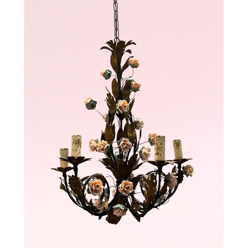 Vintage tole porcelain rose flower chandelier, 1960s