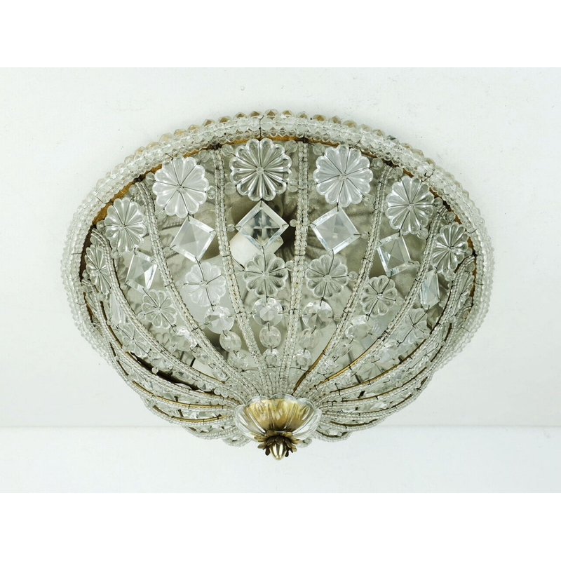 Lámpara de techo vintage en cristales de vidrio y flores, años 60