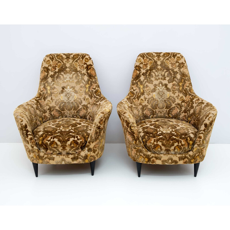 Pair of mid-century Italian curved armchairs with upholstery, 1950s