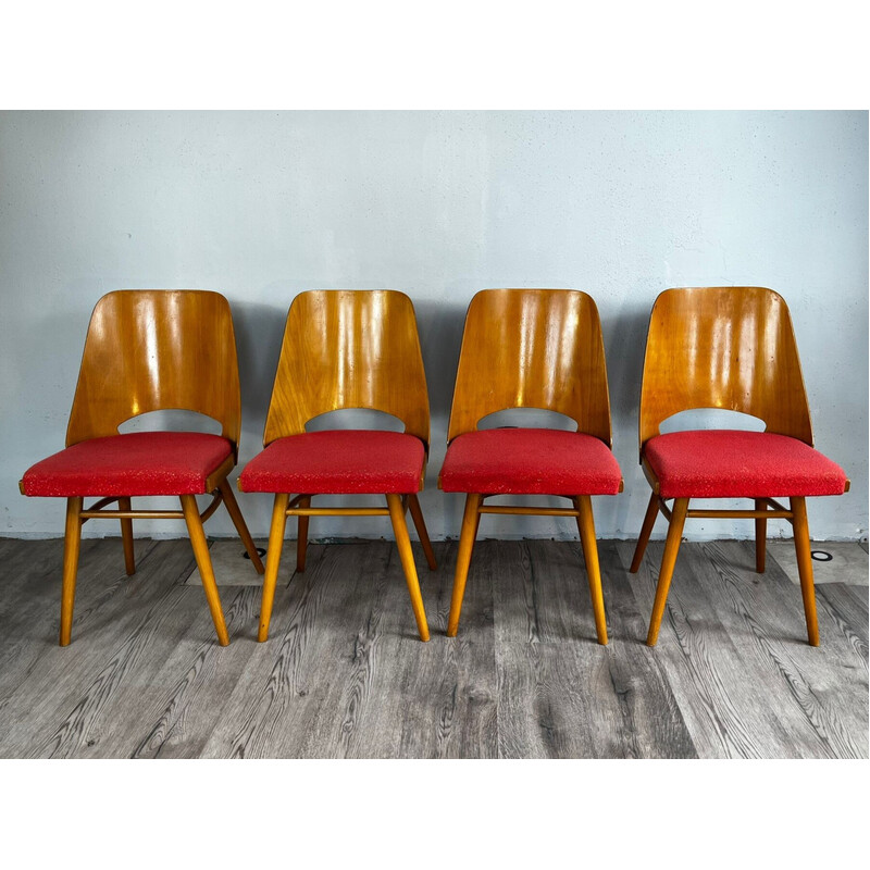 Set of 4 vintage Ton514 beechwood and red fabric chairs by Oswald Haerdtl and Lubomir Hofman, 1960