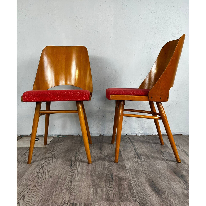Lot de 4 chaises vintage Ton514 en hêtre et tissu rouge par Oswald Haerdtl et Lubomir Hofman, 1960