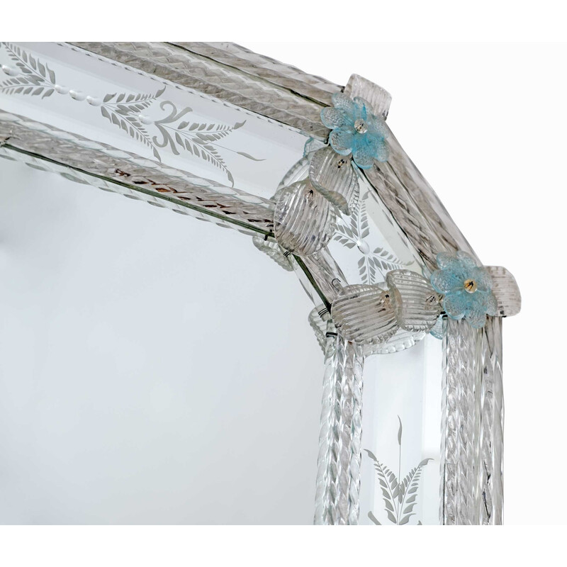 Miroir octogonal vintage à fleurs en verre de Murano