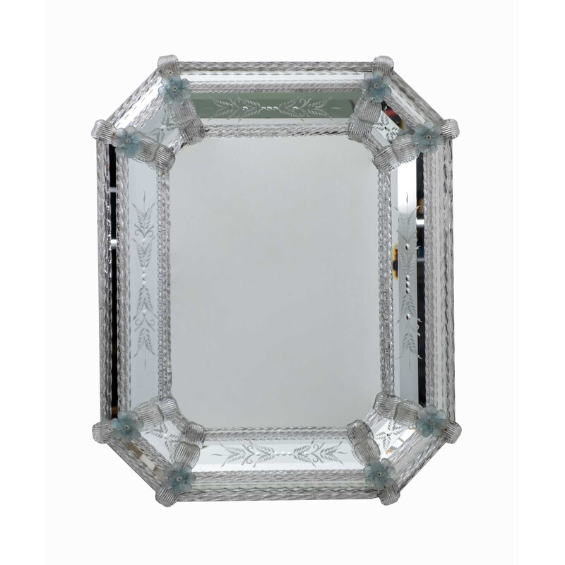 Mid century Venetian Murano glass flowers octagonal mirror