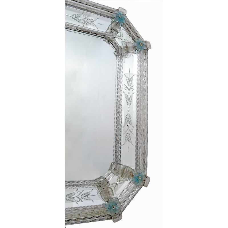 Miroir octogonal vintage à fleurs en verre de Murano