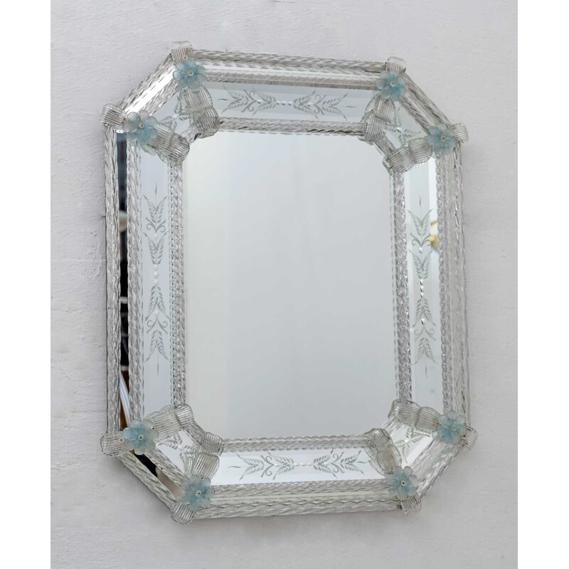 Mid century Venetian Murano glass flowers octagonal mirror