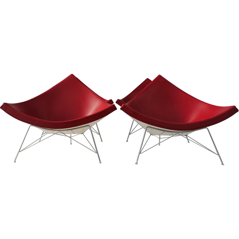 4er-Set Vintage Coconut Lounge Chairs aus rotem Leder von George Nelson für Vitra