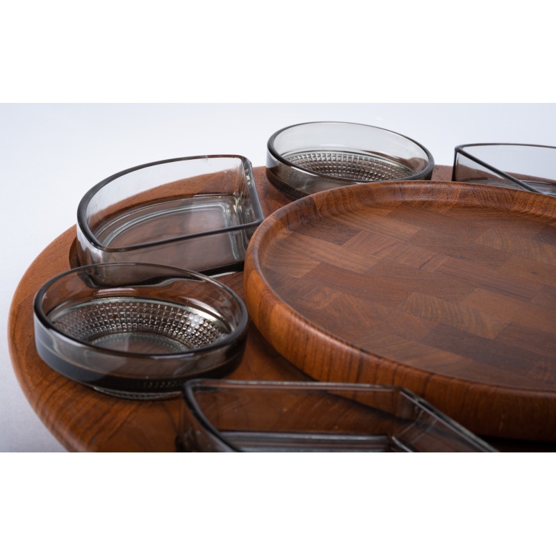 Danish vintage teak carousel with 8 glass bowls by Glasværk Glassworks, 1960s