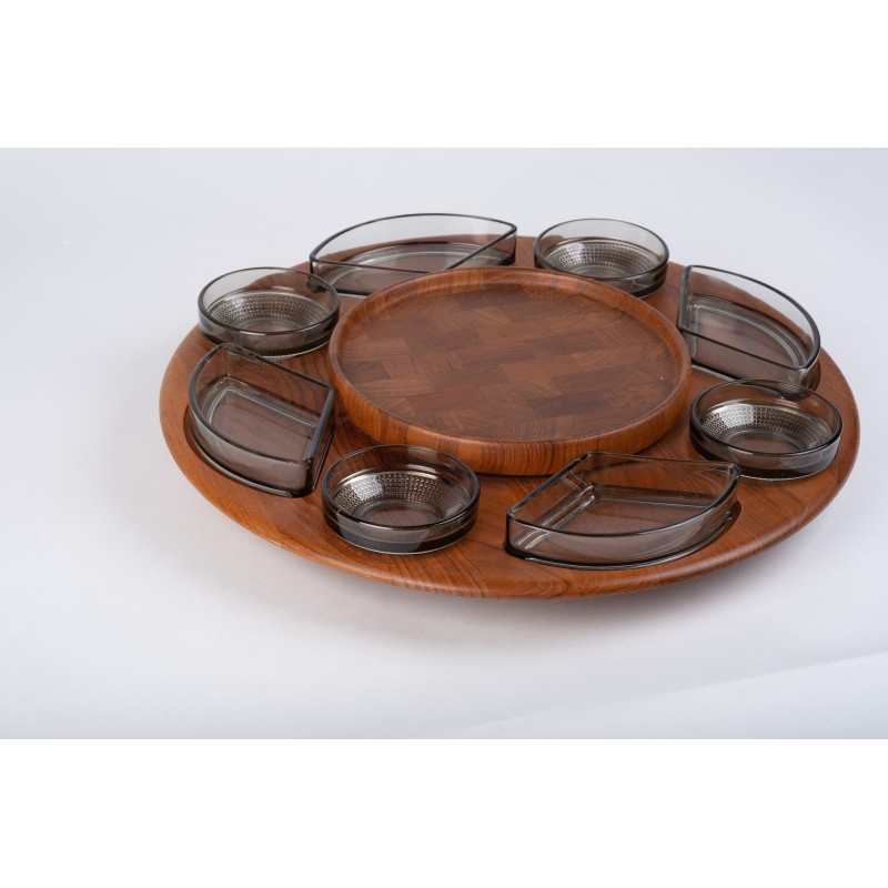 Danish vintage teak carousel with 8 glass bowls by Glasværk Glassworks, 1960s