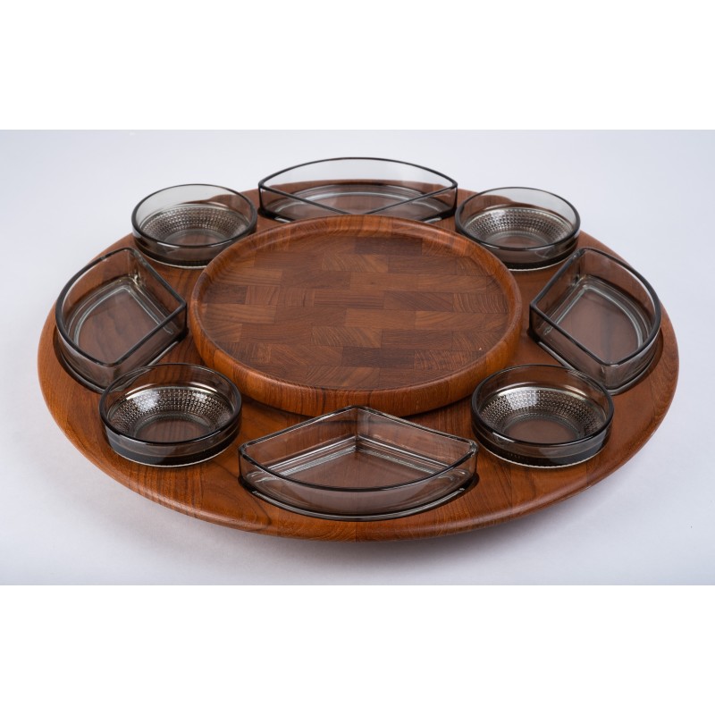 Danish vintage teak carousel with 8 glass bowls by Glasværk Glassworks, 1960s