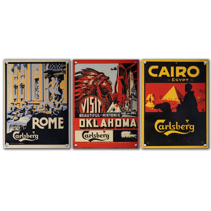 Conjunto de 3 letreiros de esmalte dinamarqueses vintage de Carlsberg, anos 50