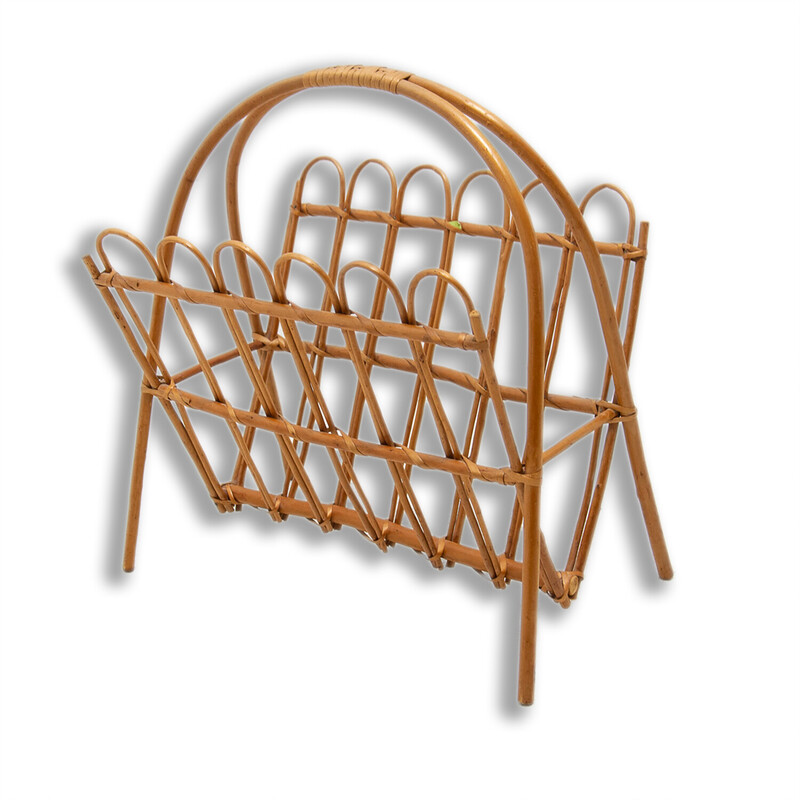 Mid century rattan magazine rack by Jan Kalous for Úluv, Czechoslovakia 1960