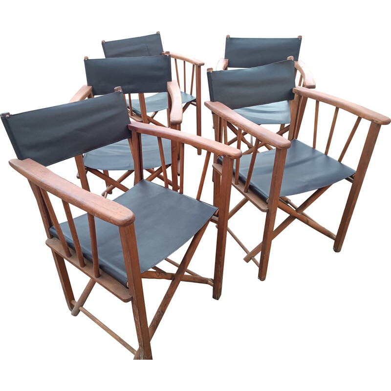 Set of 5 vintage folding armchairs in oiled beechwood and leather, 1950