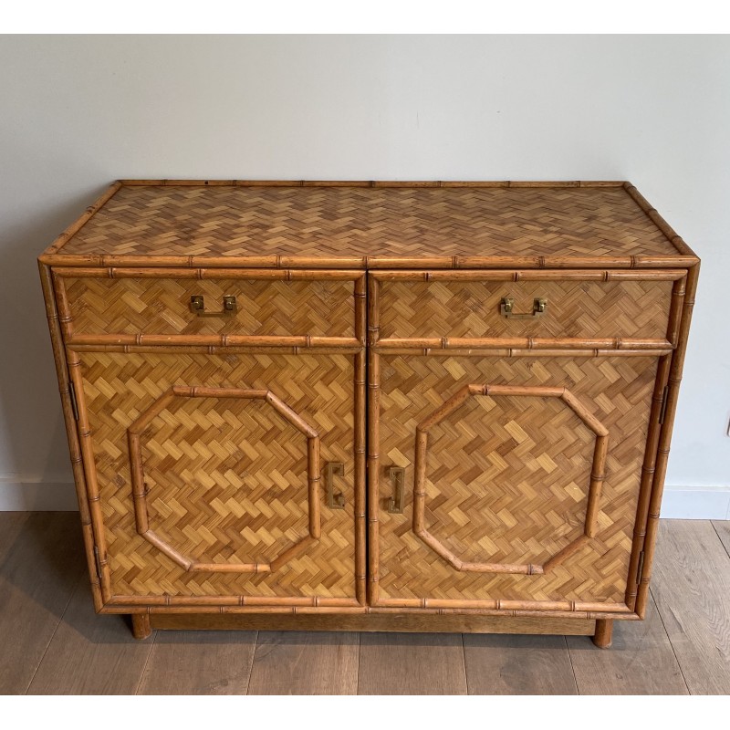 Vintage highboard in straw and bamboo marquetry, 1930