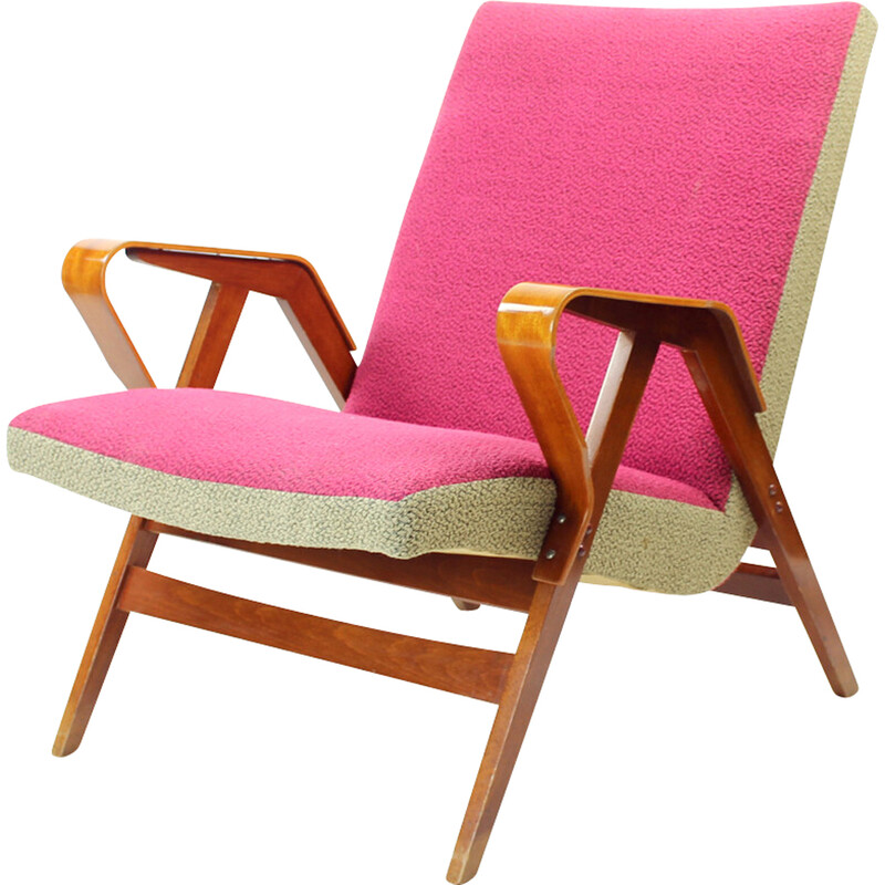 Sillón de mediados de siglo en tela rosa y gris de Tatra, Checoslovaquia años 60