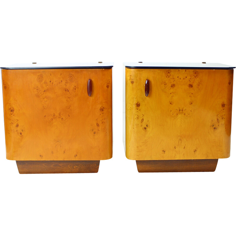 Pair of vintage night stands in wood and glass, Czechoslovakia 1940s