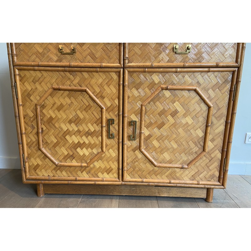 Vintage highboard in straw and bamboo marquetry, 1930