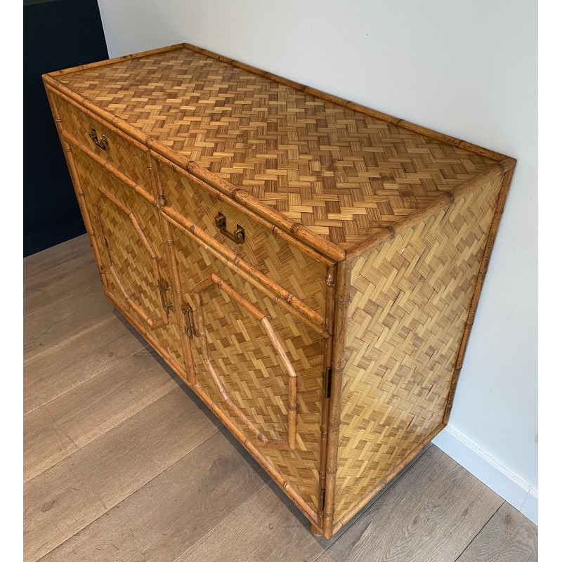 Vintage highboard in straw and bamboo marquetry, 1930