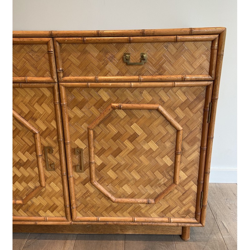 Vintage highboard in straw and bamboo marquetry, 1930