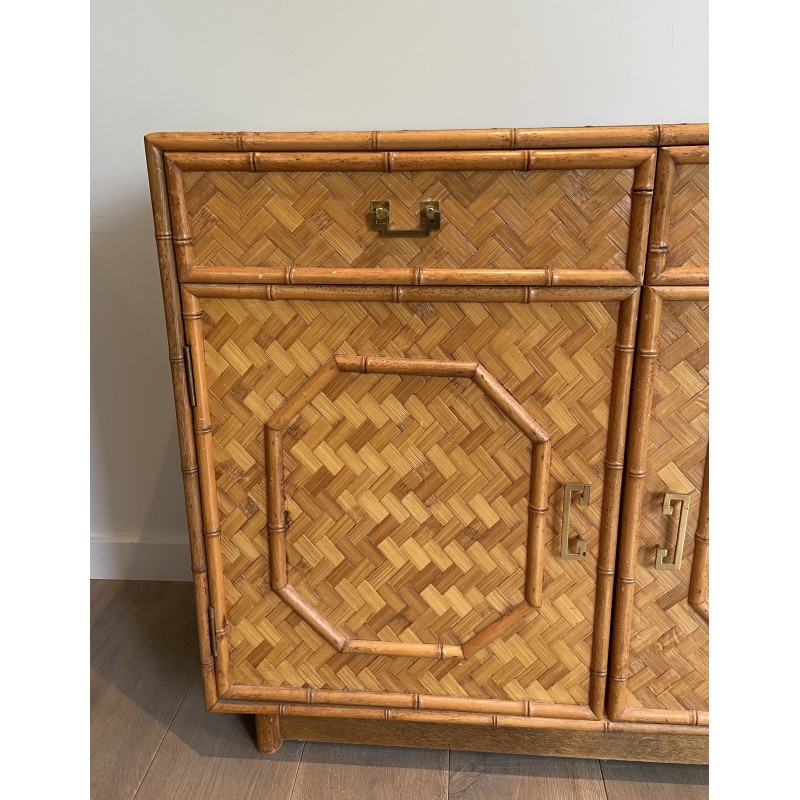 Vintage highboard in straw and bamboo marquetry, 1930