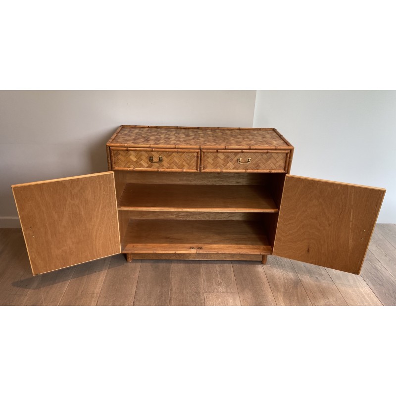 Vintage highboard in straw and bamboo marquetry, 1930