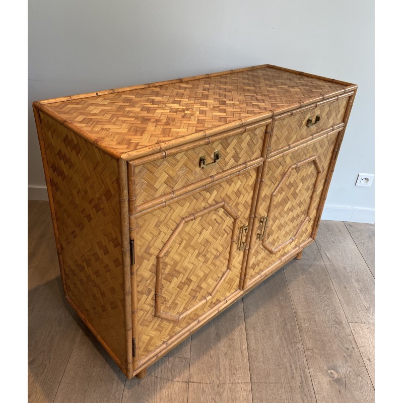 Credenza vintage in paglia e bambù intarsiato, 1930