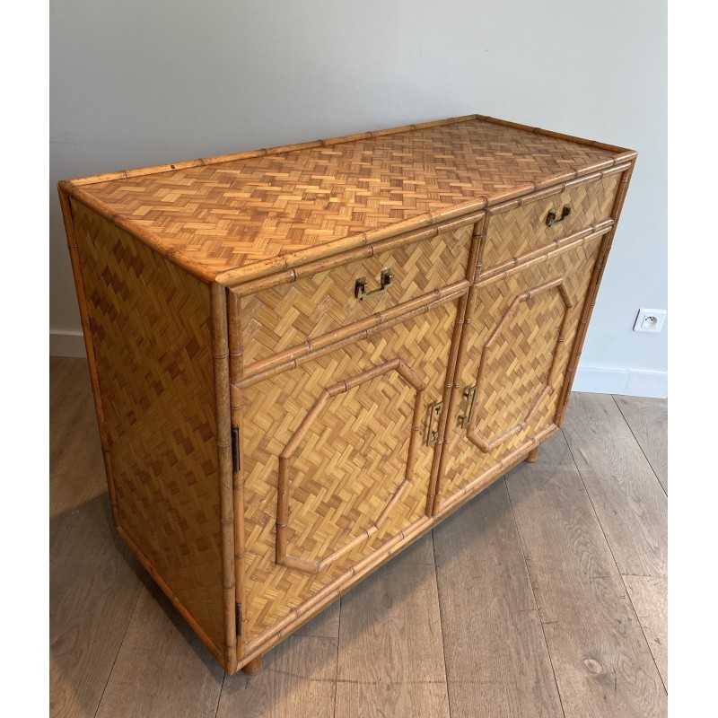 Vintage highboard in straw and bamboo marquetry, 1930