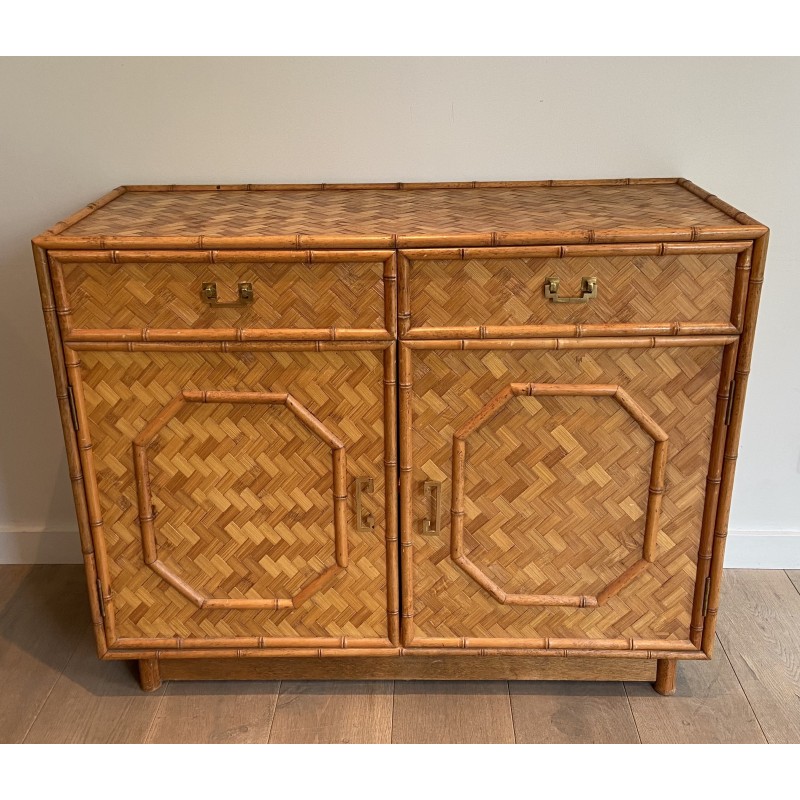 Vintage highboard in straw and bamboo marquetry, 1930