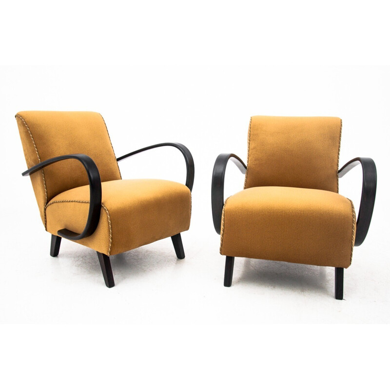 Paire de fauteuils jaunes vintage de J. Halabala, Tchécoslovaquie 1930