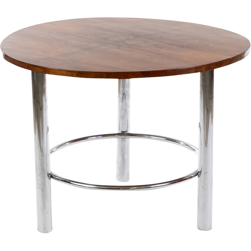 Vintage round coffee table in chromed steel and wood