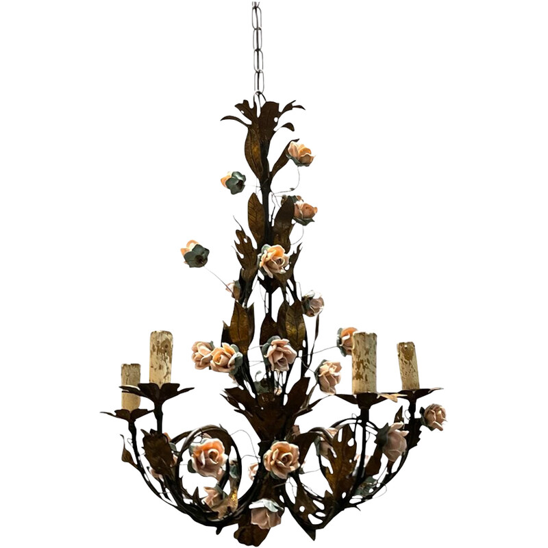 Vintage tole porcelain rose flower chandelier, 1960s