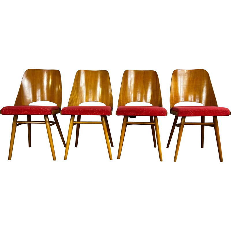 Set di 4 sedie vintage Ton514 in faggio e tessuto rosso di Oswald Haerdtl e Lubomir Hofman, 1960