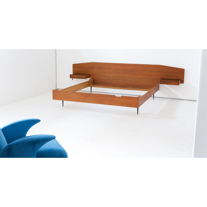Mid Century Teak and iron Bed with Side Tables - 1950s