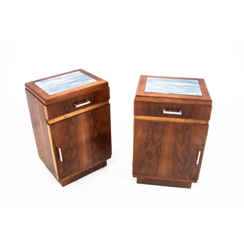 Pair of vintage Art Deco walnut night stands, Poland 1950s