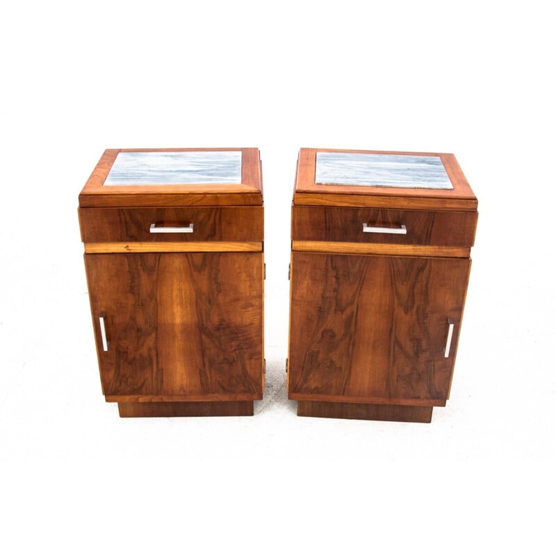 Pair of vintage Art Deco walnut night stands, Poland 1950s