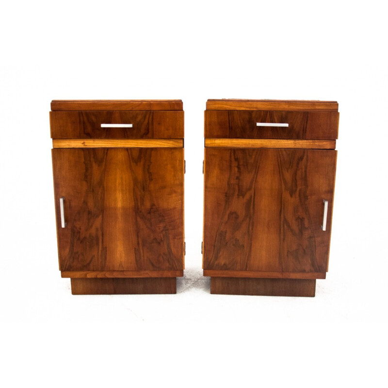 Pair of vintage Art Deco walnut night stands, Poland 1950s